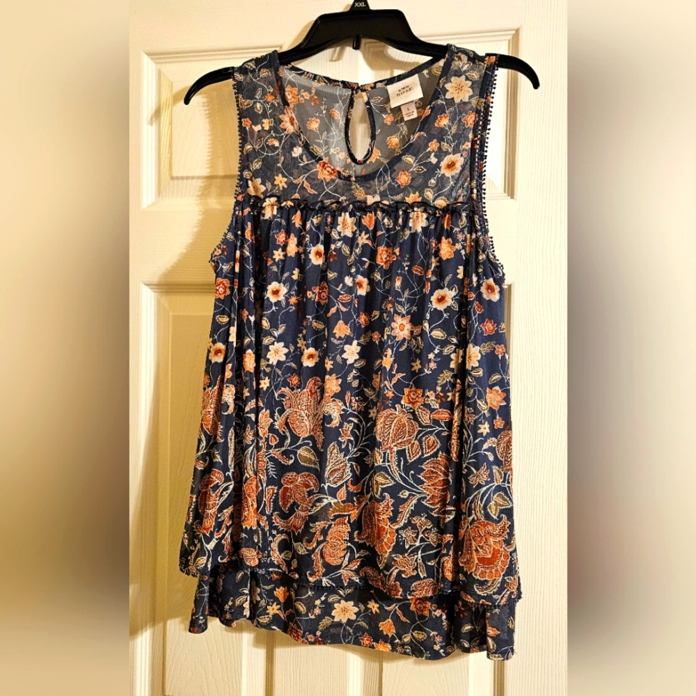 Knox Rose blue floral print sleeveless blouse with 2 layers Sz L
